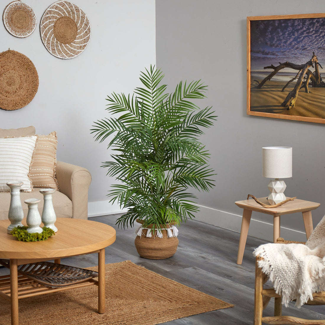 areca palm interior design 4' Areca Artificial Palm in Boho Chic Handmade Natural Cotton Woven Planter with Tassels