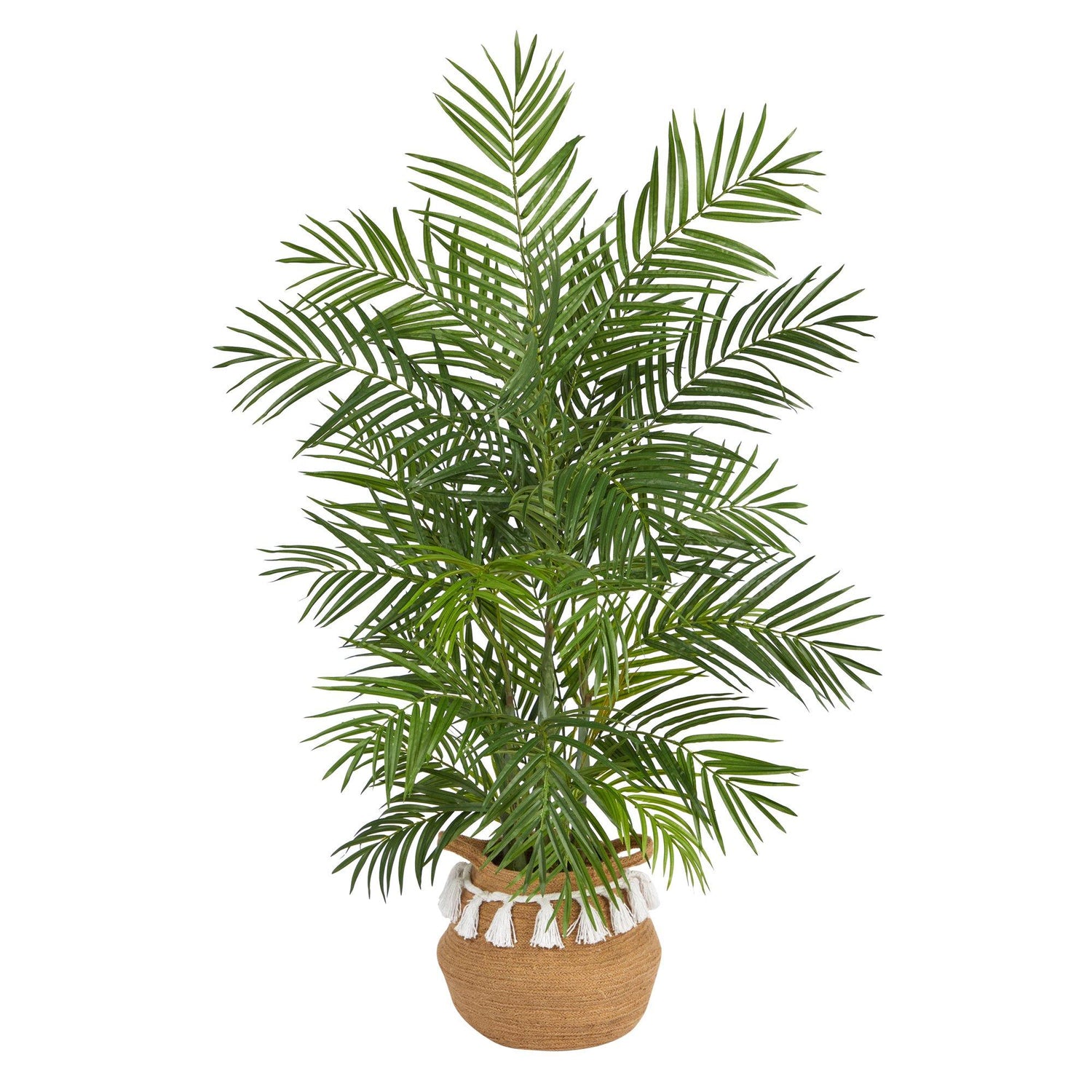 4' Areca Artificial Palm in Boho Chic Handmade Natural Cotton Woven Planter with Tassels