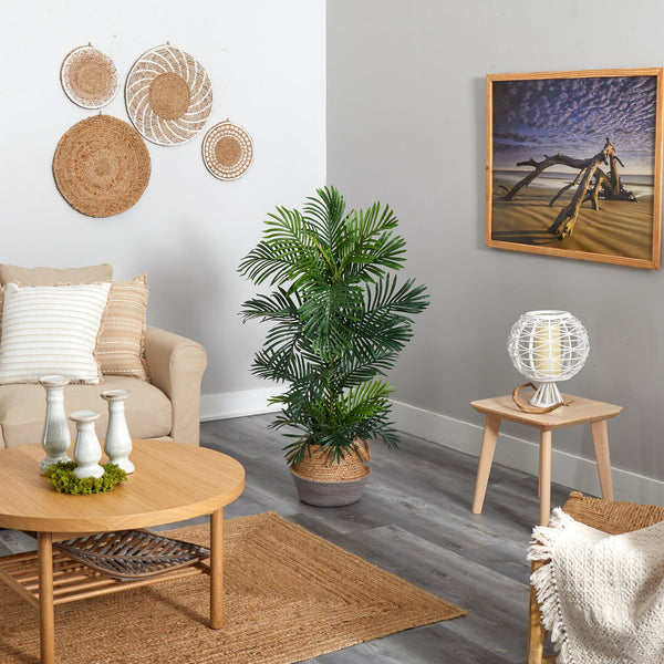 4’ Areca Palm Tree in Boho Chic Handmade Cotton & Jute Gray Woven Planter UV Resistant