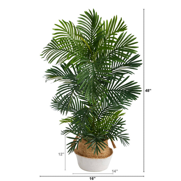 4’ Areca Palm Tree in Boho Chic Handmade Cotton & Jute White Woven Planter UV Resistant