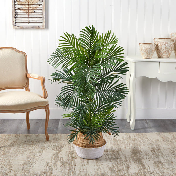 4’ Areca Palm Tree in Boho Chic Handmade Cotton & Jute White Woven Planter UV Resistant