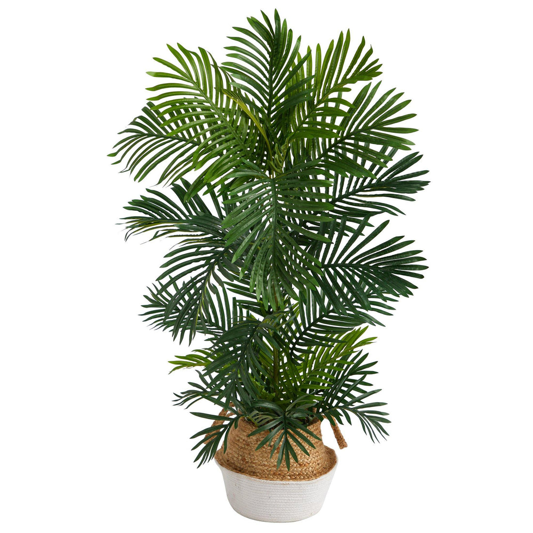 areca palm and monstera 4' Areca Palm Tree in Boho Chic Handmade Cotton & Jute White Woven Planter UV Resistant
