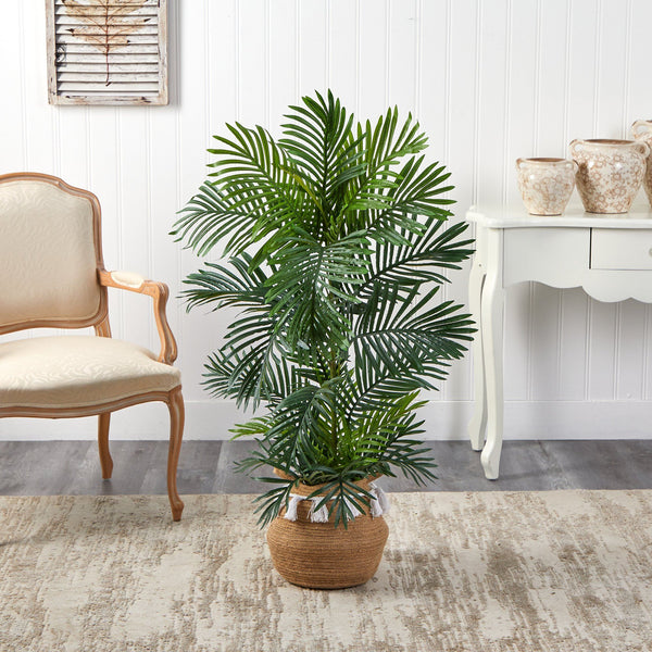 4’ Areca Palm Tree in Boho Chic Handmade Natural Cotton Woven Planter with Tassels UV Resistant