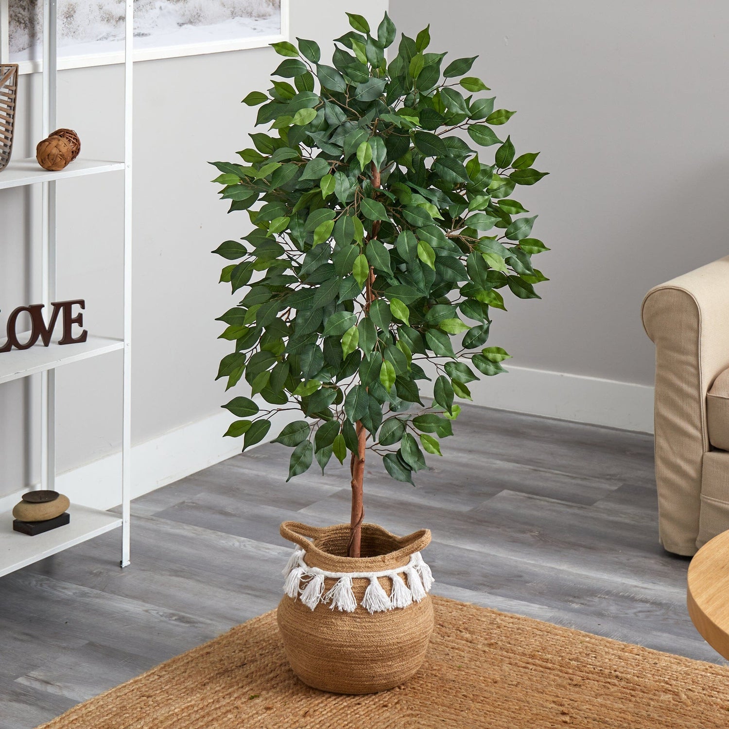 4’ Artificial Ficus Tree with Handmade Jute & Cotton Basket with Tassels