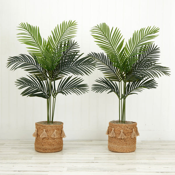 4' Artificial Paradise Palm Tree with Handmade Jute & Cotton Basket with Tassels DIY KIT - Set of 2