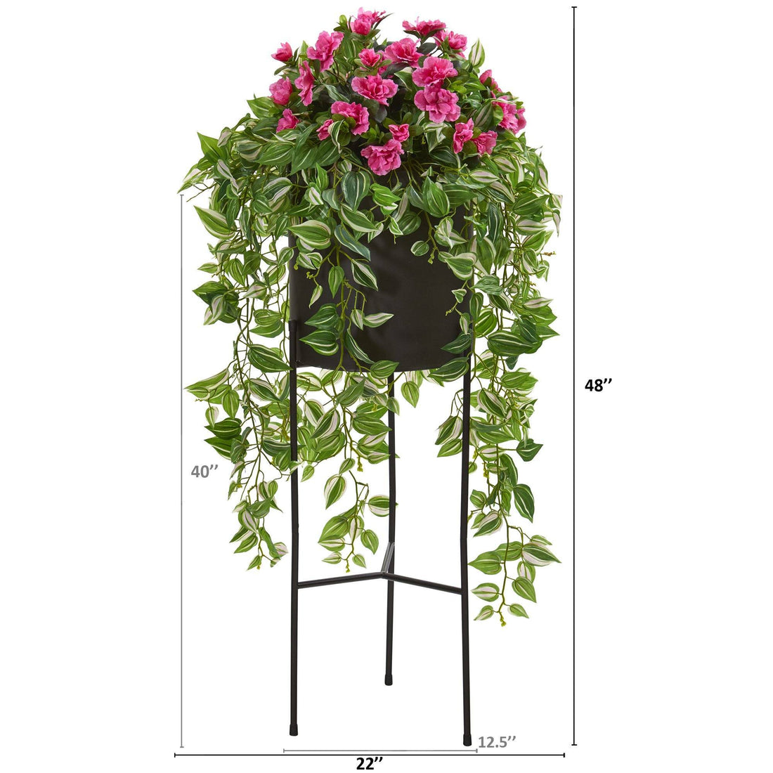 black artificial hanging plant 4’ Azalea and Wandering Jew Artificial Plant in Stand Black Planter