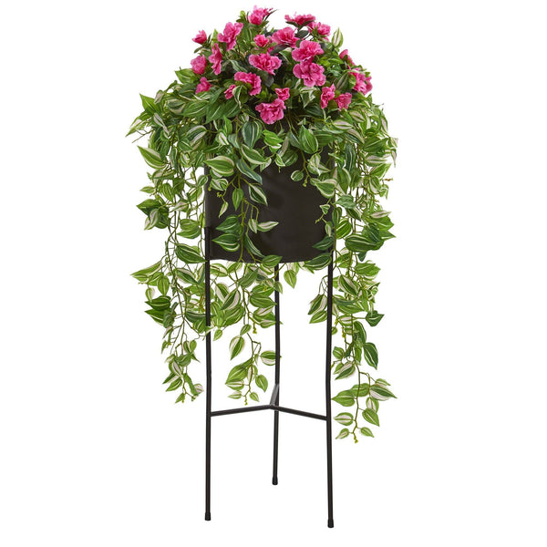 4’ Azalea and Wandering Jew Artificial Plant in Stand Black Planter