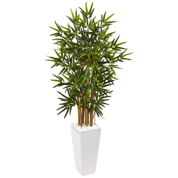 4’ Beige Trunk Bamboo Artificial Tree in White Tower Planter