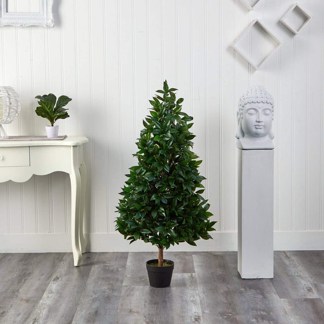 outdoor potted plants b&q Nearly Natural 4 ft. Artificial Indoor/Outdoor UV-Resistant Bay Leaf Topiary Tree