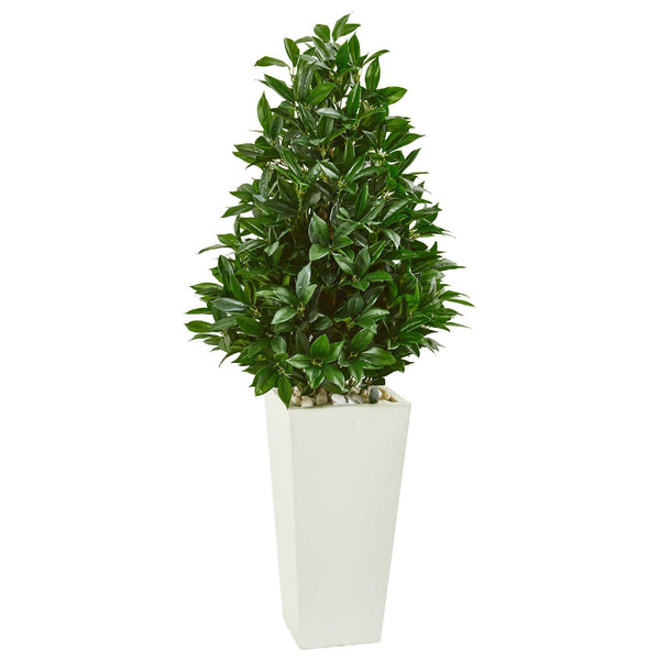 4’ Bay Leaf Cone Topiary Artificial Tree in White Tower Planter(Indoor/Outdoor)