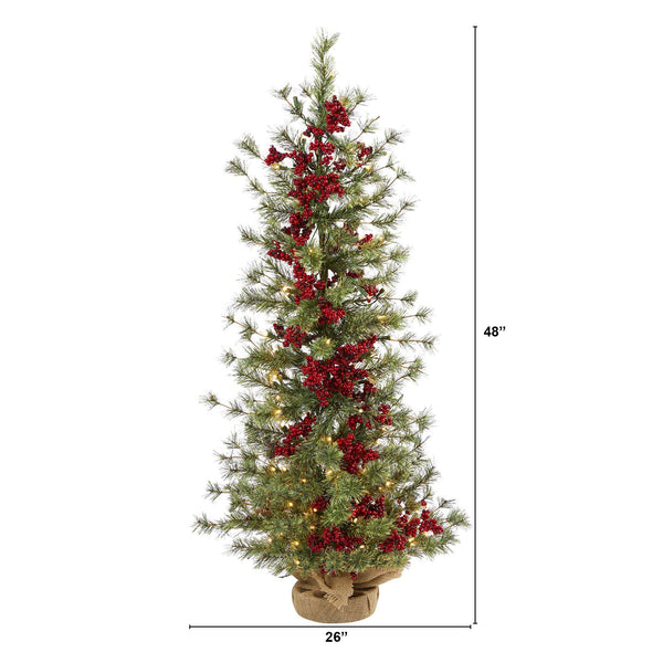 4’ Berry and Pine Artificial Christmas Tree with 100 Warm White Lights and Burlap Wrapped Base