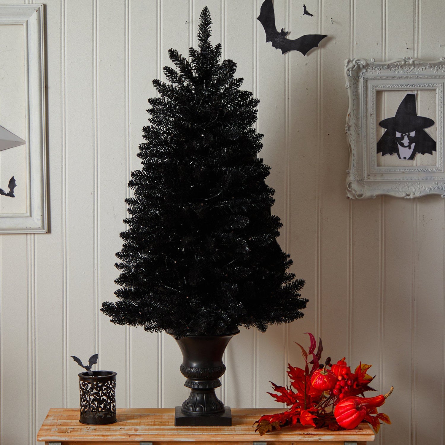 4’ Black Halloween Artificial Christmas Tree in Urn with 100 Orange LED Lights