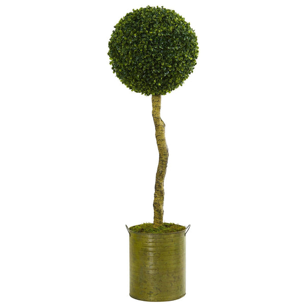 4’ Boxwood Ball Topiary Artificial Tree in Green Tin Planter (Indoor/Outdoor)