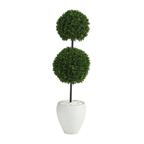 4’ Boxwood Double Ball Artificial Topiary Tree in White Planter  (Indoor/Outdoor)
