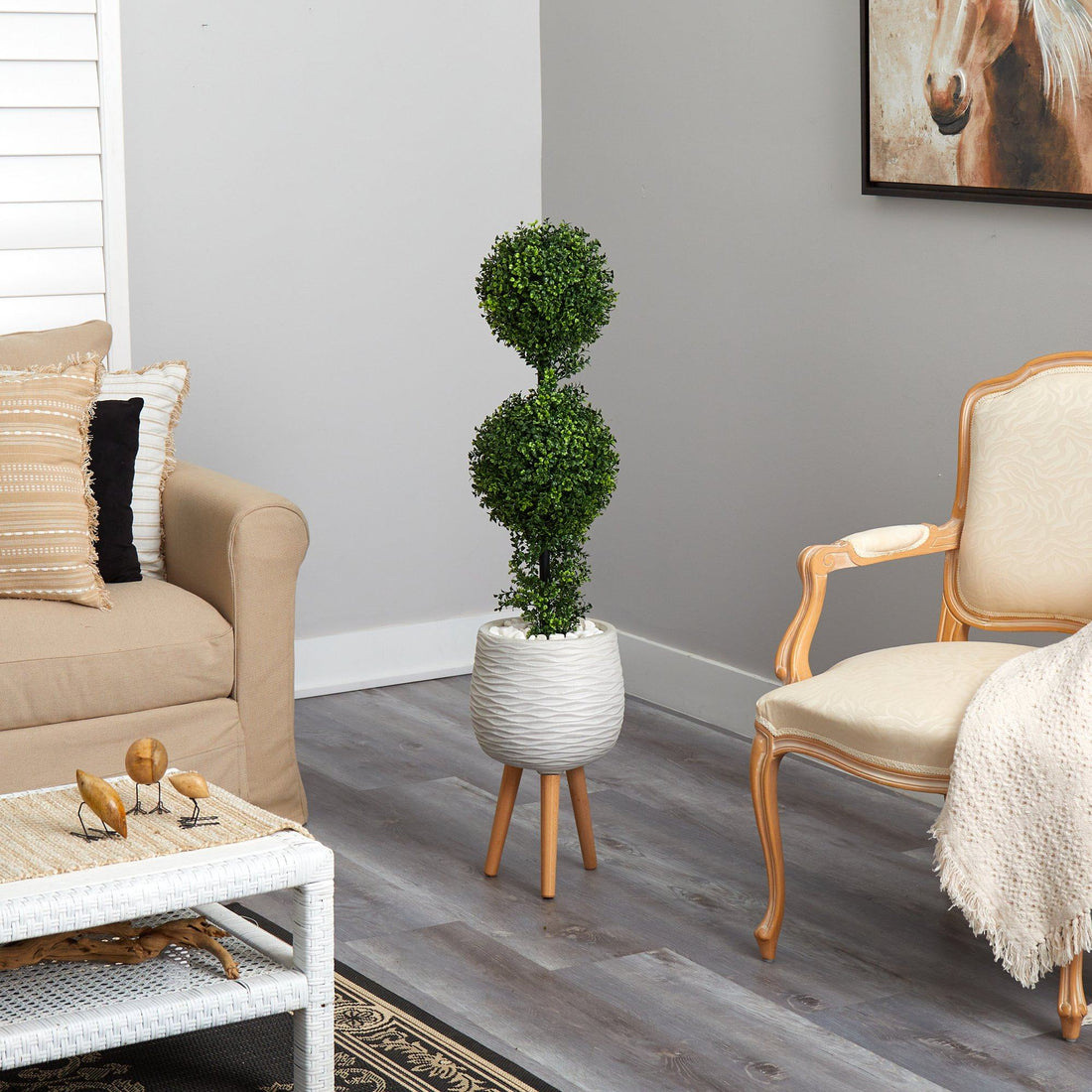 white planter with stand indoor Nearly Natural 4ft. Boxwood Double Ball Topiary Artificial Tree in White Planter with Stand (Indoor/Outdoor)