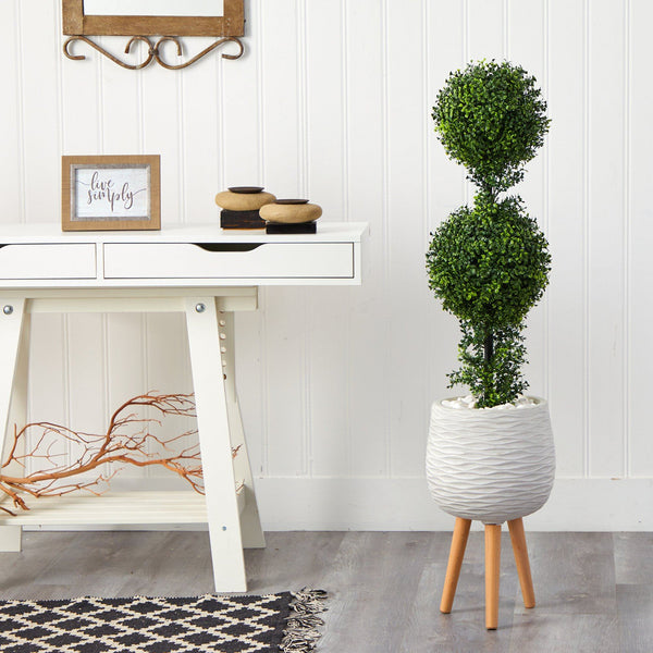 4’ Boxwood Double Ball Topiary Artificial Tree in White Planter with Stand (Indoor/Outdoor)
