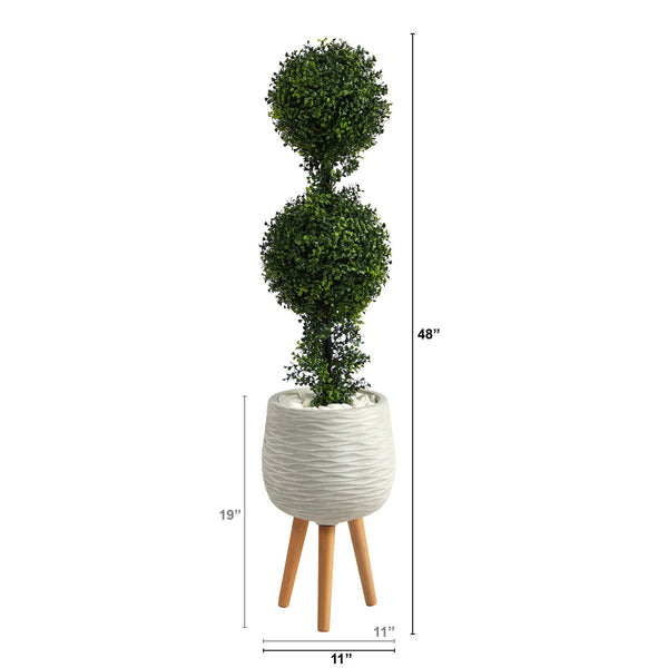 4’ Boxwood Double Ball Topiary Artificial Tree in White Planter with Stand (Indoor/Outdoor)