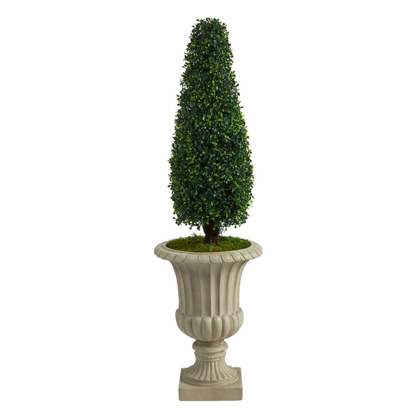 4’ Boxwood Tower Artificial Topiary Tree in Sand Finished Urn UV Resistant (Indoor/Outdoor)