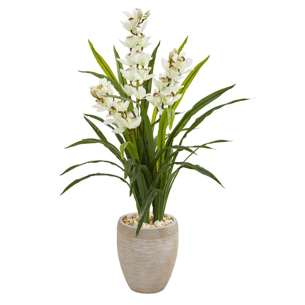 4’ Cymbidium Orchid Artificial Plant in Sandstone Planter