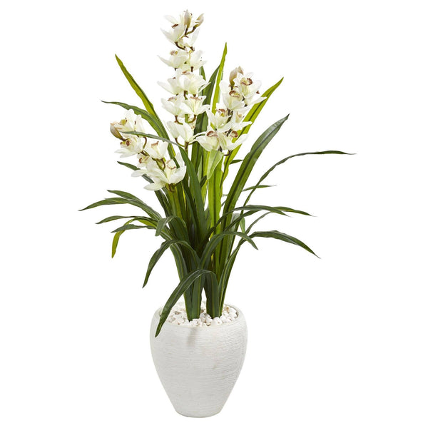 4’ Cymbidium Orchid Artificial Plant in White Planter