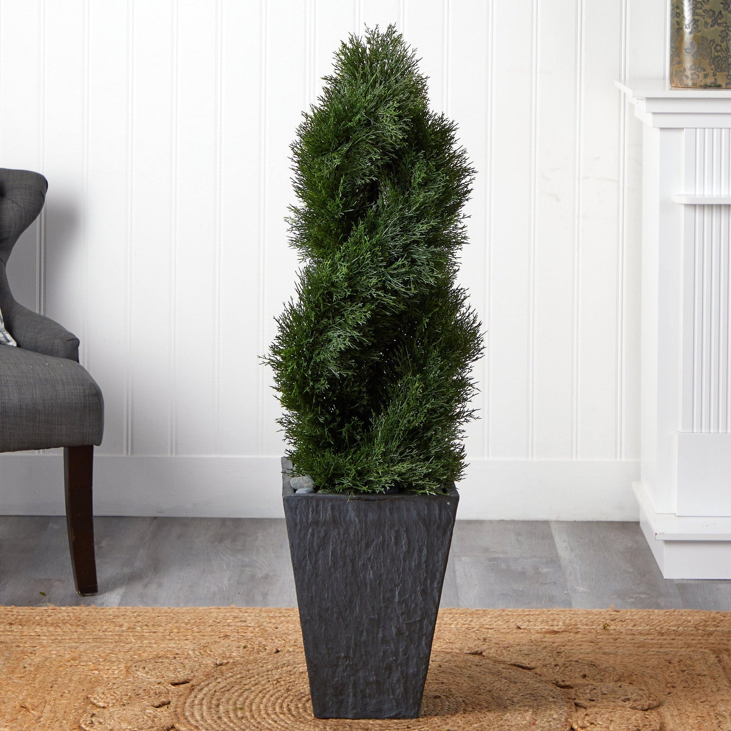 4’ Cypress Double Spiral Topiary Artificial Tree in Slate Planter  (Indoor/Outdoor)