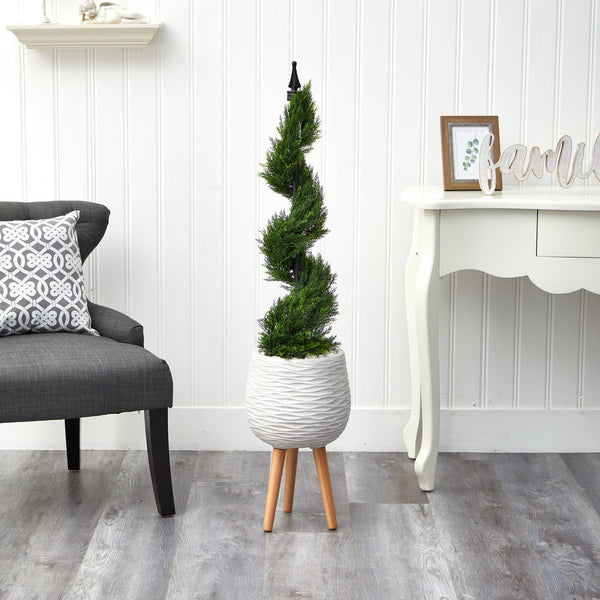 4’ Cypress Spiral Topiary Artificial Tree in White Planter with Stand