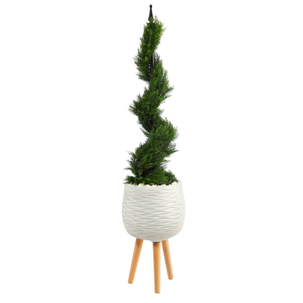 4’ Cypress Spiral Topiary Artificial Tree in White Planter with Stand