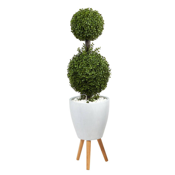 4’ Double Boxwood Topiary Artificial Tree in White Planter with Stand (Indoor/Outdoor)