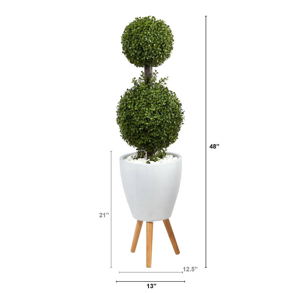 4’ Double Boxwood Topiary Artificial Tree in White Planter with Stand (Indoor/Outdoor)
