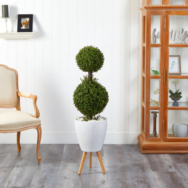4’ Double Boxwood Topiary Artificial Tree in White Planter with Stand (Indoor/Outdoor)