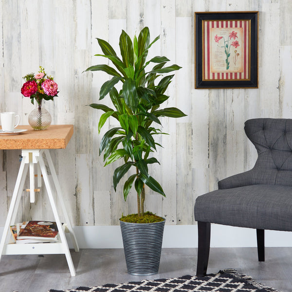 4’ Dracaena Artificial Plant in Decorative Tin Planter (Real Touch)