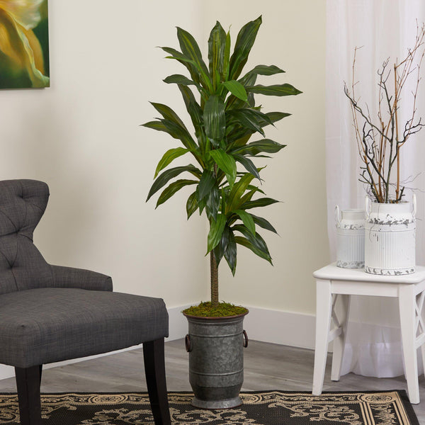 4’ Dracaena Artificial Plant in Vintage Metal Planter (Real Touch)