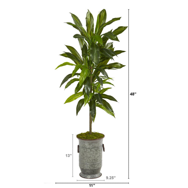 4’ Dracaena Artificial Plant in Vintage Metal Planter (Real Touch)