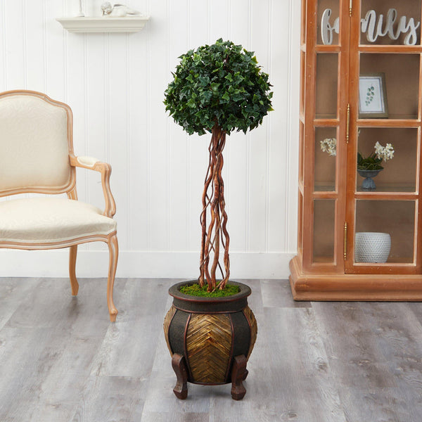 4’ English Ivy Topiary Single Ball Artificial Tree in Decorative Planter  (Indoor/Outdoor)