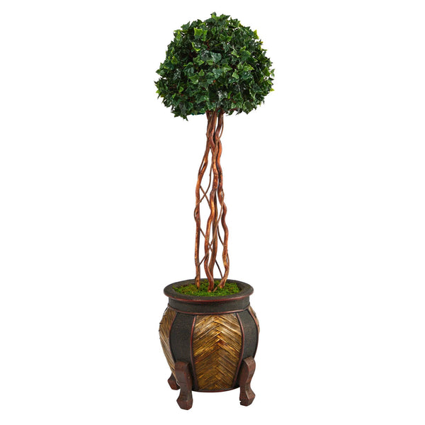 4’ English Ivy Topiary Single Ball Artificial Tree in Decorative Planter  (Indoor/Outdoor)