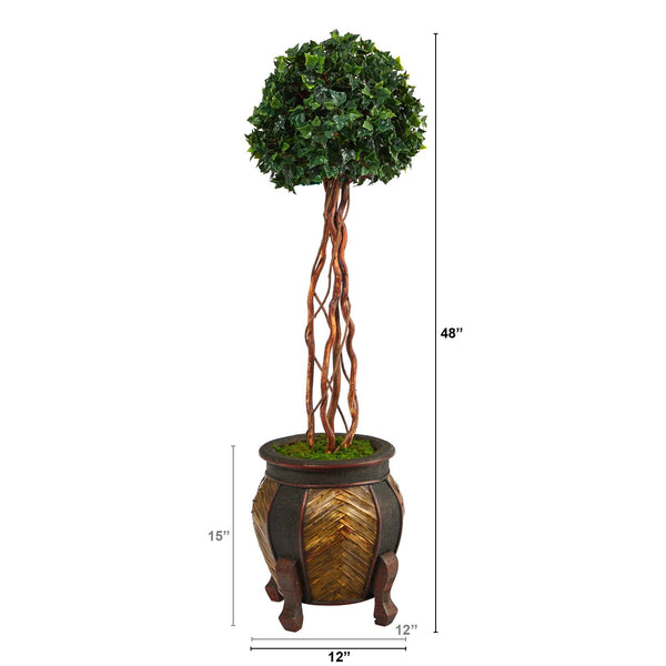 4’ English Ivy Topiary Single Ball Artificial Tree in Decorative Planter  (Indoor/Outdoor)