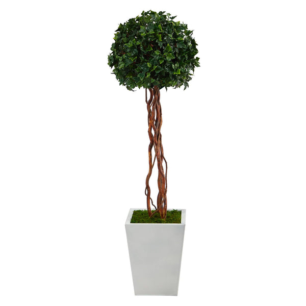 4’ English Ivy Topiary Single Ball Artificial Tree in White Metal Planter (Indoor/Outdoor)