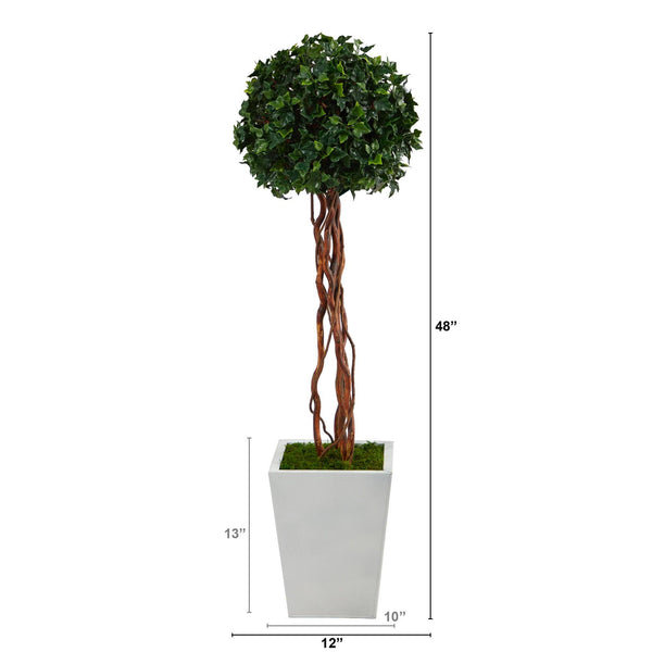 4’ English Ivy Topiary Single Ball Artificial Tree in White Metal Planter (Indoor/Outdoor)