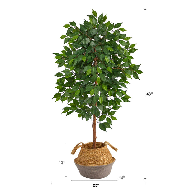 4’ Ficus Artificial Tree in Boho Chic Handmade Cotton & Jute Gray Woven Planter