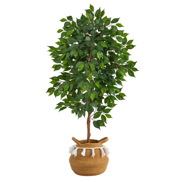 4’ Ficus Artificial Tree in Boho Chic Handmade Natural Cotton Woven Planter with Tassels