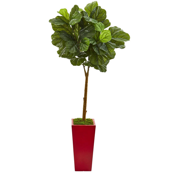 4’ Fiddle Leaf Artificial Tree in Red Planter (Real Touch)