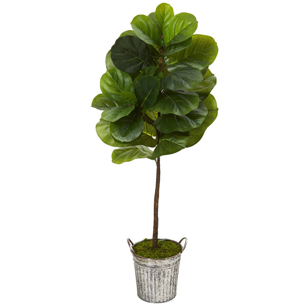4’ Fiddle Leaf Artificial Tree in Vintage Metal Pail (Real Touch)