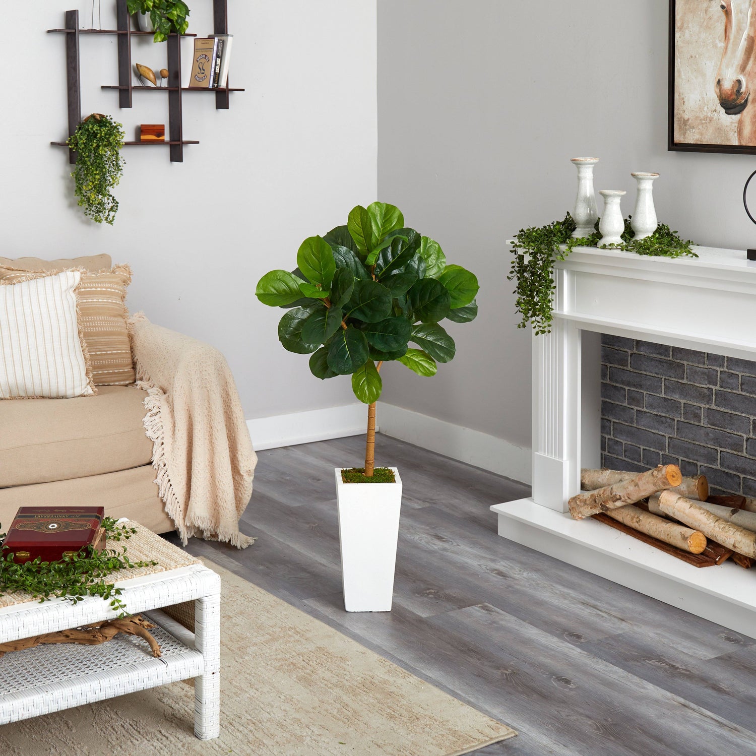 4’ Fiddle Leaf Artificial Tree in White Tower Planter