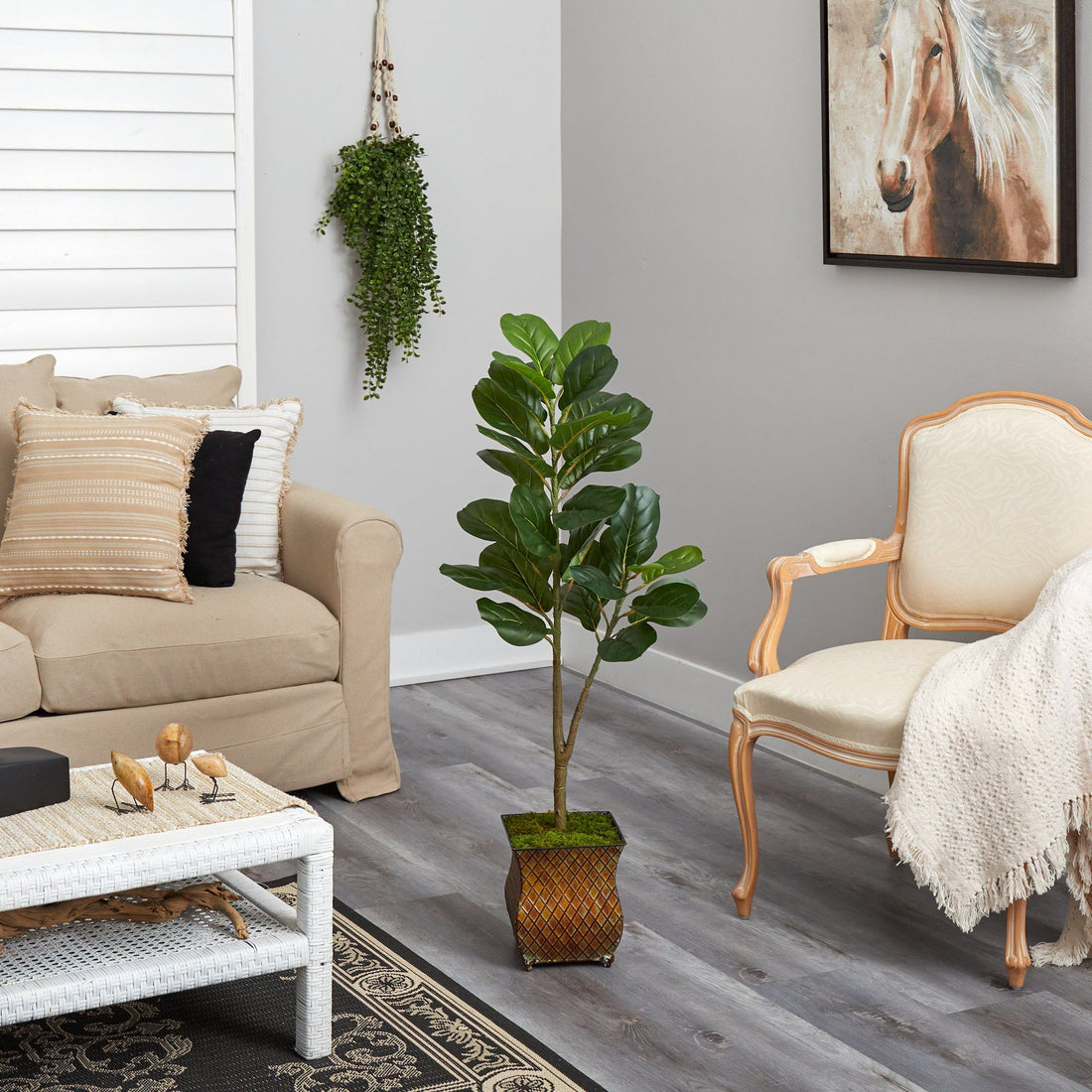 interior design fiddle leaf fig 4' Fiddle Leaf Fig Artificial Tree in Metal Planter