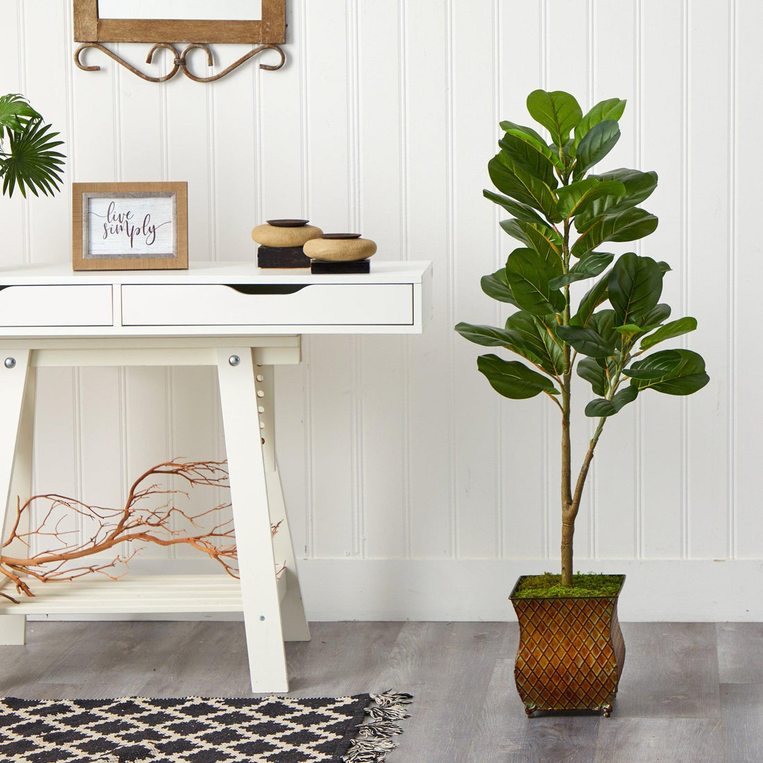 faux fiddle leaf fig tree pottery barn 4’ Fiddle Leaf Fig Artificial Tree in Metal Planter with Faux Moss