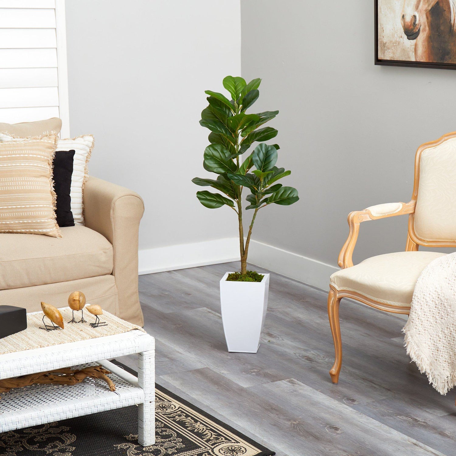 4’ Fiddle Leaf Fig Artificial Tree in White Metal Planter