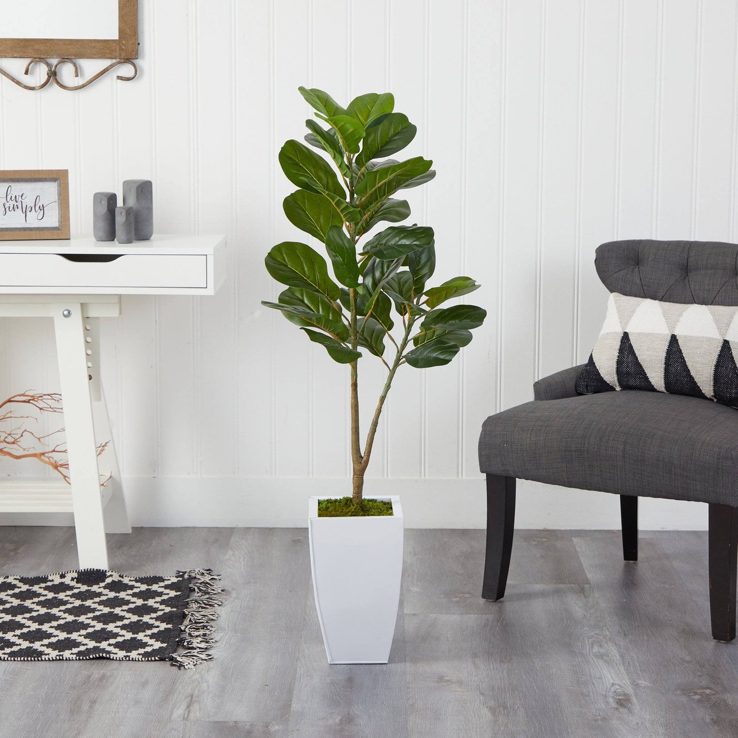 4’ Fiddle Leaf Fig Artificial Tree in White Metal Planter