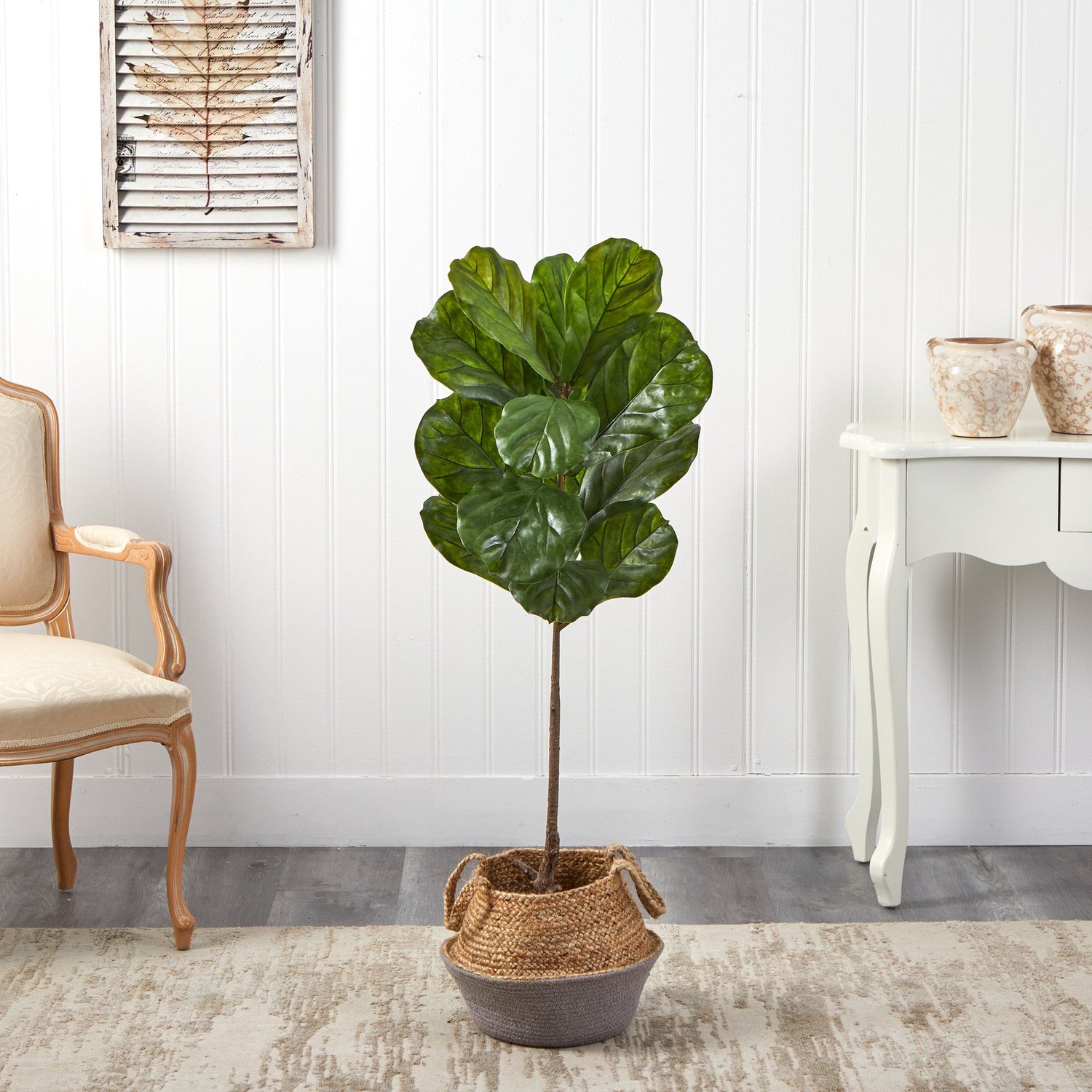 4’ Fiddle Leaf Tree in Boho Chic Handmade Cotton & Jute Gray Woven Planter UV Resistant