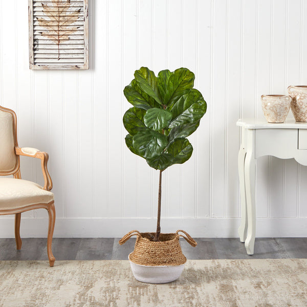 4’ Fiddle Leaf Tree in Boho Chic Handmade Cotton & Jute White Woven Planter UV Resistant