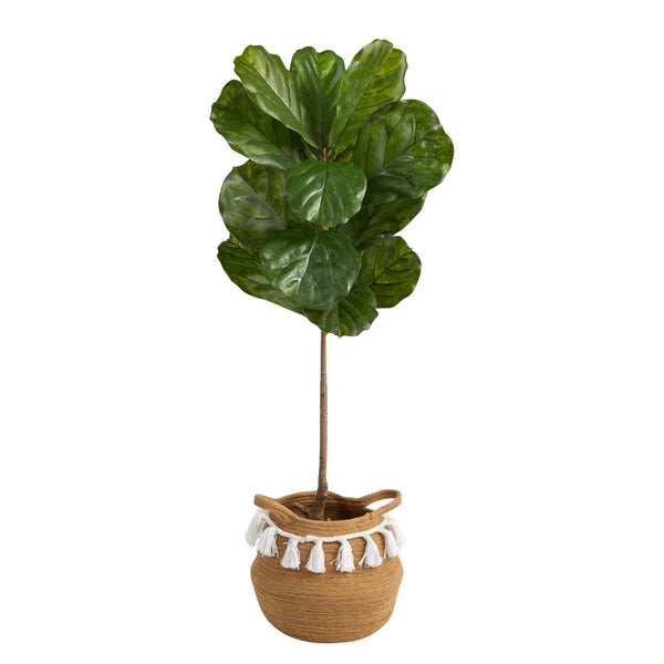 4’ Fiddle Leaf Tree in Boho Chic Handmade Natural Cotton Woven Planter with Tassels UV Resistant